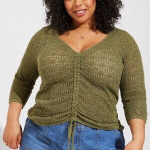 NWT Torrid 1X Open Stitch Pullover V-Neck Cinched Front Sweater Olivine